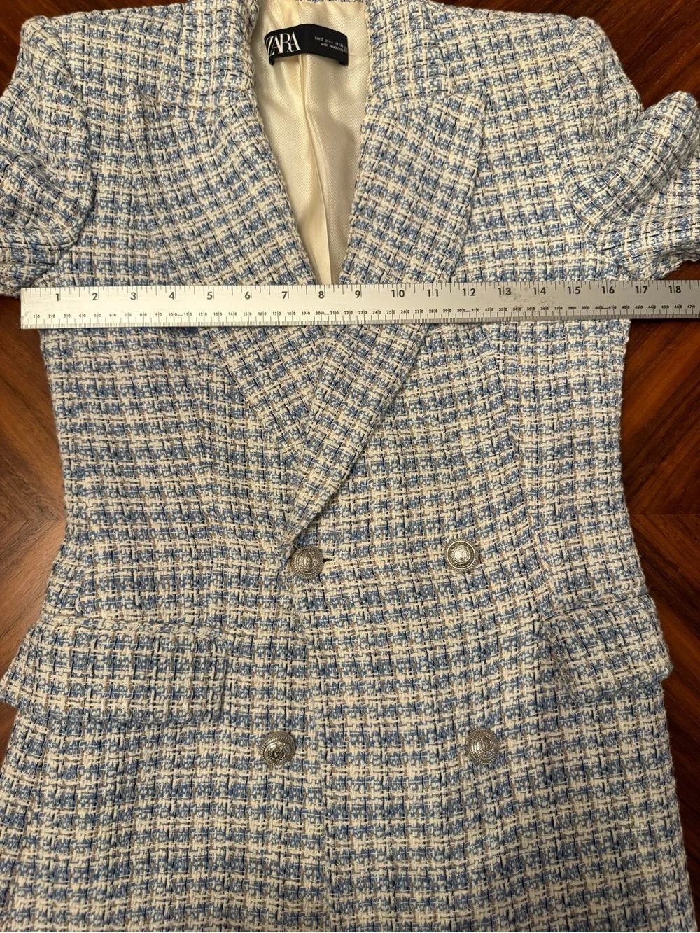 Zara Blue White Tweed Double Breasted Blazer Bouclé Jacket Size S
